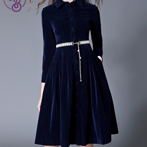 Blue Velvet Belted Dress  by Couer de Vague - Picture 1 of 5